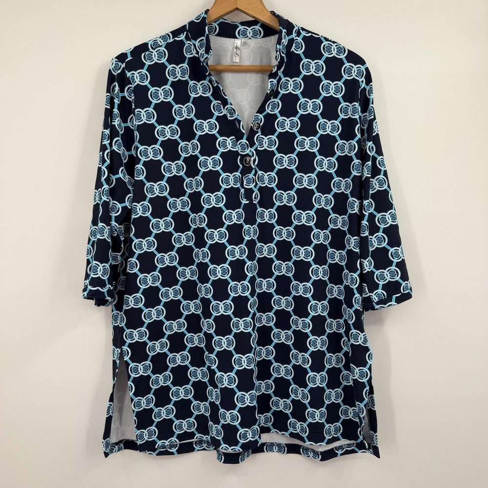 Lulu B Tunic Top Womens XL Blue Tropical UPF Nylon Navy Stretch - Picture 1 of 9